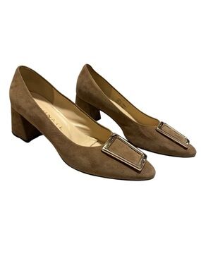 Brunate Tan Suede Gold Buckle Heels Size 7.5